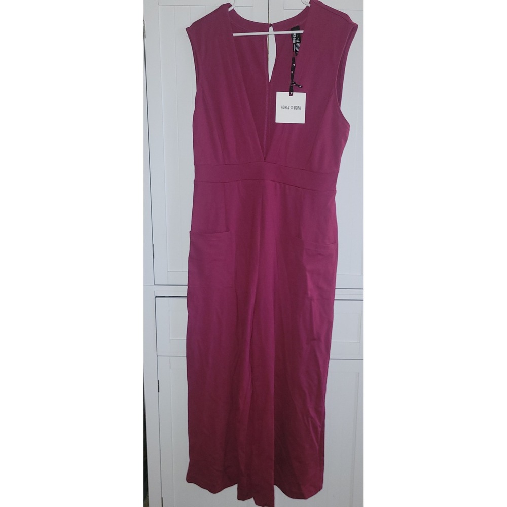 Agnes & Dora Wine‎ Red V Neck Sleeveless Jumpsuit Wide Leg Elastic Waist XL
